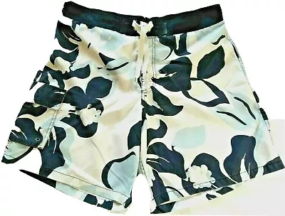 Merona Mens Swim Trunks Lined Hawaiian Board Shorts Navy Blue White Floral Large • $19.95