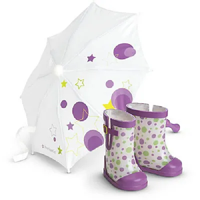 American Girl Doll McKenna's RAIN GEAR Polka Dot UMBRELLA + BOOTS • $94.12