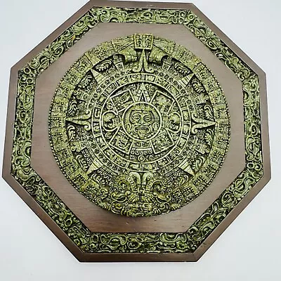 17” Green Malachite Stone AZTEC MAYAN CALENDAR Wood Wall Art Mexico Vintage • $79.99