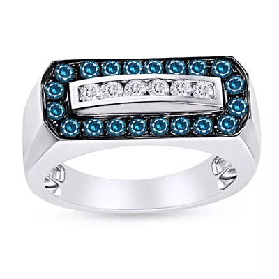 1 Ct Blue & White Natural Diamond Mens Wedding Band Ring 10K Solid White Gold • $1349.99