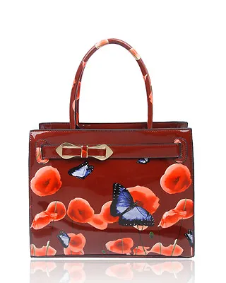 £22.99 • Buy Women Floral Butterfly Print Shiny Patent Shoulder Handbag Tote Top-handle Bag 