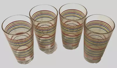 $20 Fiesta Stripes Rings Clear Drinking Pink Yellow Blue Glasses Set 4 Vintage • $23.71