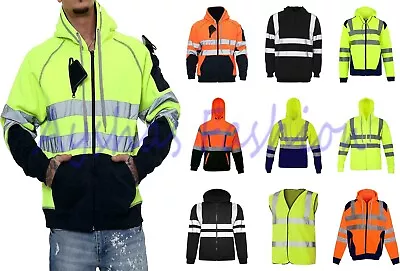 Men Hi Vis High Visibility Vest Multi Zip Hooded Sweatshirt Work Hoodie Jacket • £24.99