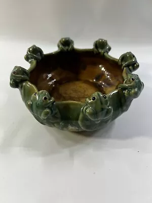 Vintage Majolica 8 Frogs Glazed Pottery Planter Bowl Bonsai Dish • $39.99