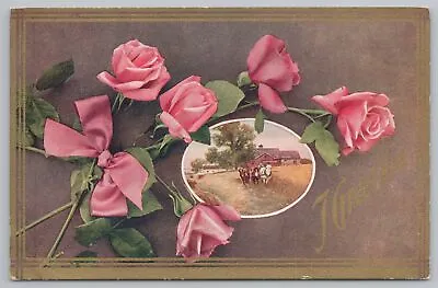 Greetings~Horse Drawn Plow @ Harvest~Pink Roses~Vintage Postcard • $3