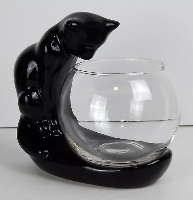 Vintage Haeger Black Ceramic Cat With Glass Fish Bowl 1996 • $40