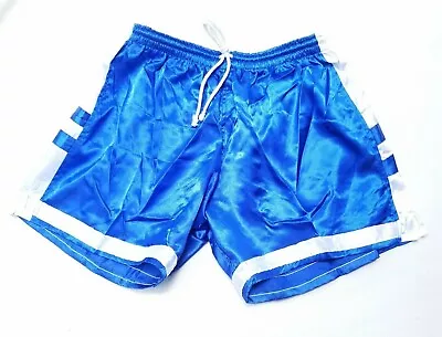 Mens 80s 90s Shiny Satin Polyester Soccer Shorts Size L/XL Glanz Blue W Stripe • $19.99