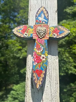 Painted Wood Cross 3D Mexico Handmade Milagro 9x6 Perpetuo Socorro Heart A48 • $26.90