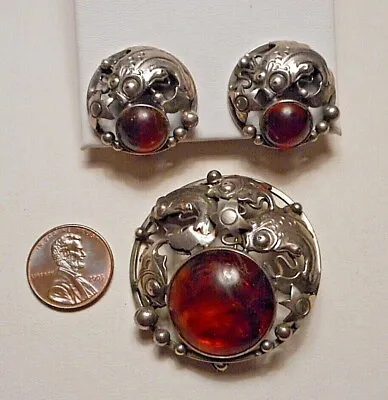 NE FROM Denmark Sterling 925 Fish Motif & Amber Cabochon Brooch & Earrings Set • $599.99