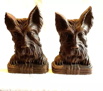 Vintage Bookends Scottie Dogs Metal Backs Composite Wood Heads Set • $10.80