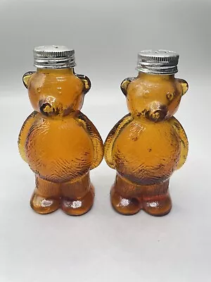 Vintage  Glass Teddy Bear Shaped Salt & Pepper Shaker Set Figural Amber  EUC • $13