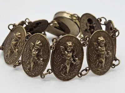 Vintage Sterling Antiqued Brass Tone Cherub Cupid Link Bracelet Signed  • $36