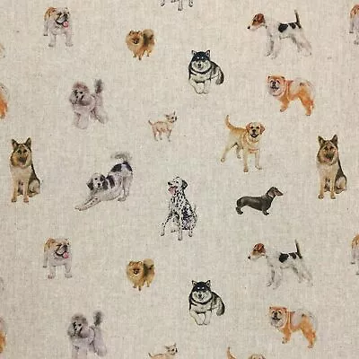 Fabric Show Dogs Linen Look Cotton Rich 140cm Wide Cushion Upholstery Natural • £2.80