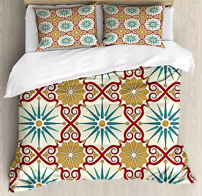 Moroccan Duvet Cover Set Eastern Geometry Art With Classical Damask Ornate Elem • $66.79