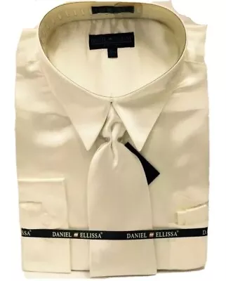 Daniel Ellissa Men's Satin Formal Dress Shirt Ivory Tie Hanky Sizes 18.5 - 21.5 • $33.99