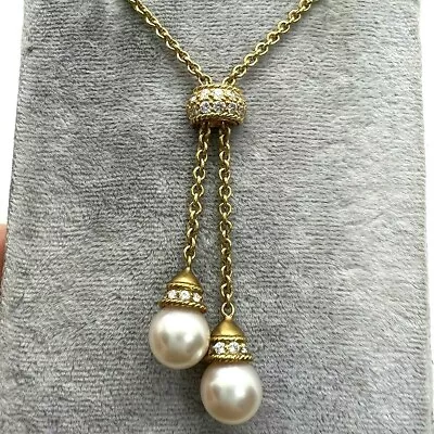 PENNY PREVILLE 18k Yellow Gold Pearl Diamond Lariat Necklace Dangle 15.25  Short • $1895