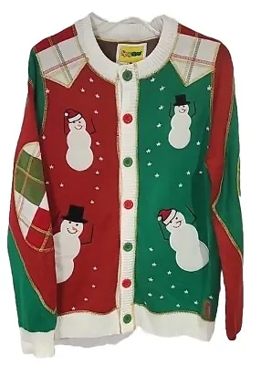 Tipsy Elves Cardigan Sweater Mens Large Snowman Ugly Christmas Holiday Green Red • $29