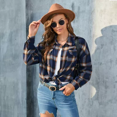 Women's Tartan Long Sleeve Lightweight Plaid Flannel Shirt Casual Blouse TopsI1 • £12.89