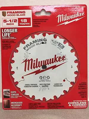 Milwaukee 48-40-0520 5-1/2 In. D X 10 Mm Tungsten Carbide Framing Blade 18 Teeth • $16.43
