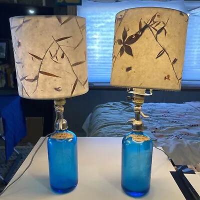 Pair Of Blue Hartman Vintage Seltzer Bottle Lamps With Shades (lamps Work) • $69