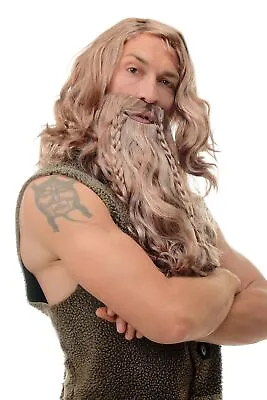 Wig & Beard Braided Men's Carnival Dwarf Viking Barbarian Braun Mix • $12.98