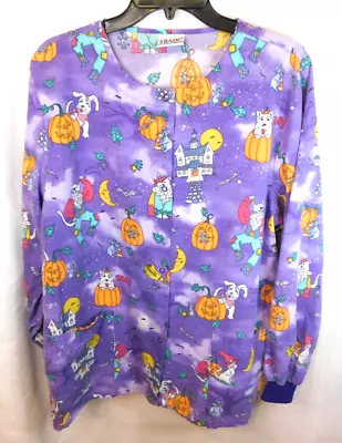 Simply Basic Women's Scrub Jacket Snap Close Pockets Halloween Print Sz M • $12