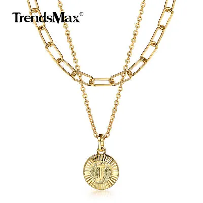 Gold Plated Stainless Steel Round Letters A-Z Pendant Necklace Choker Rolo Chain • $10.99