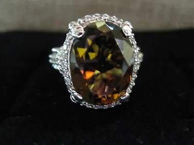 Judith Ripka Smoky Brown Quartz Cocktail Sterling Silver With CZ Size 8 • $79