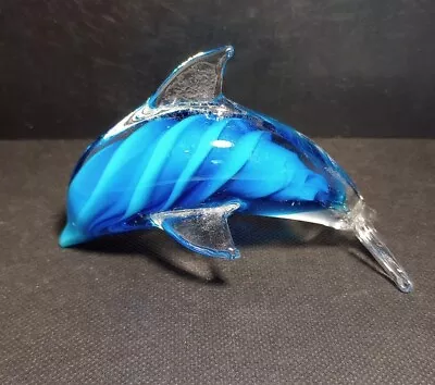 Dolphin Glass Paperweight Blue Swirled Murano Type Art Glass • $18