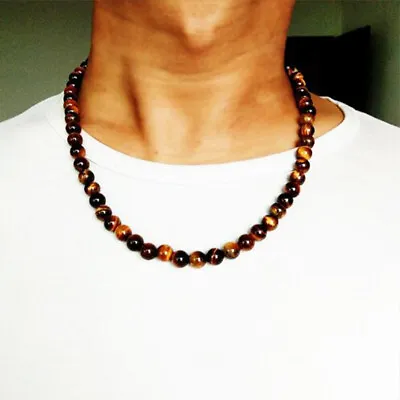 Vintage Men Beaded Tiger Eye Stone Beads Chain Necklace 6mm 8mm Strand Necklace • $10.99