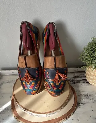 Mexican Huarache Sandals Woven Leather Flat Tassels Zamoritas Sz 27 Fit As 9-9.5 • $29.99