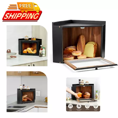 Extra Large Black Wooden Corner Bread Box For Kitchen Countertop With Clear • $35.54