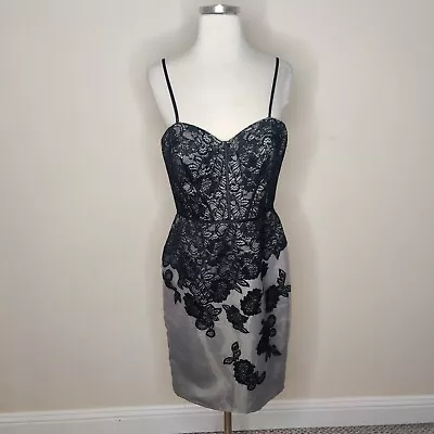 Truly Zac Posen Cocktail Dress Womens 8 Lace Trim Spaghetti Straps Grey Black • $25.49