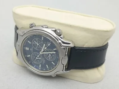 $130 • Buy LORENZ Chronograph Alarm Date Steel Quartz Watch Blue Face Vintage Leather Strap