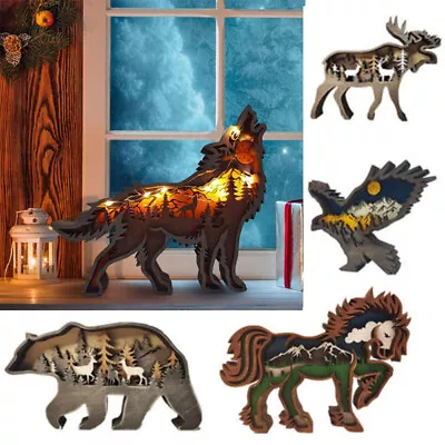Handmade 3D Wooden Forest Animals Statue Carved Woodland Animals Room Decor LED • £10.80