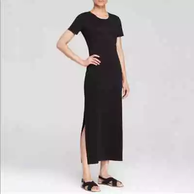 Theory Shirred Maxi Dress Black Ranmire Knit Crew Neck Slit Short Sleeve Sz S • $50