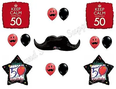 KEEP CALM MUSTACHE 50th Happy Birthday Party Balloons Decoration Supplies Fifty • $16.75