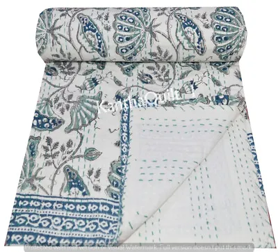 Indian Handmade King Size Cotton Kantha Quilt Hand Block Blanket Bedspread Throw • £20.88