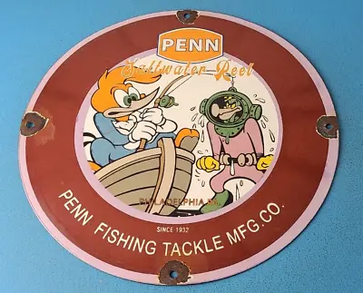 Vintage Penn Fishing Reels Porcelain Tackle Rods Equipment Gas Pump Plate Sign • $139.47