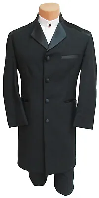 Men's Long Black Frock Tuxedo Coat With Satin Mandarin Nehru Collar Duster 37S • $59.99