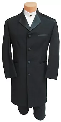 Men's Long Black Frock Tuxedo Coat With Satin Mandarin Nehru Collar Duster 42L • $59.99