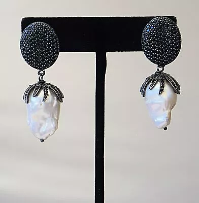 Vintage DANA KATHRYN 25mm Baroque Pearl And Pave Crystal Drop Earrings • $198