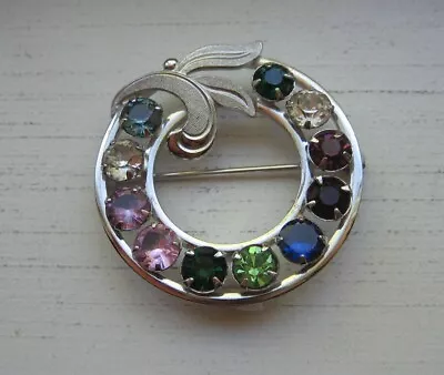 Vintage Van Dell Sterling Silver Multi Color Rhinestone Wreath Circle Brooch Pin • $16.75