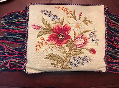 Vintage Floral Victorian Needlepoint Tapestry Pillow 13  X 17  Tulips Fringe • $35