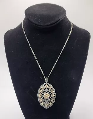 Vintage .925 Sterling Silver Necklace W/ Beautiful Intricate Costume Pendant • $1