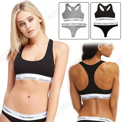 Calvin Klein Women Underwear CK Bralette Bra&Thong-Comfort Sets-Gray/Black-UK • £12.99