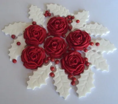 EDIBLE CHRISTMAS FLOWERS Sugar Paste Cake Cupcake Toppers Decorations Holly Ivy • £4.99