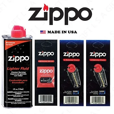 Zippo 4 Oz Fuel Fluid And 3 Value Pack (12 Flints & 1 Wick) Combo Set • $9.95