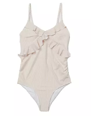 H & M MAMA Flounce Trim Swimsuit V-Neck & Adjustable Shoulder Straps Beige/White • $42.99