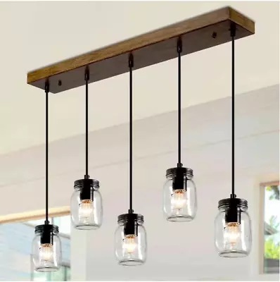 Kitchen Island Faux Wood Chandelier Farmhouse 5-Light Mason Jar Shades • $84.02